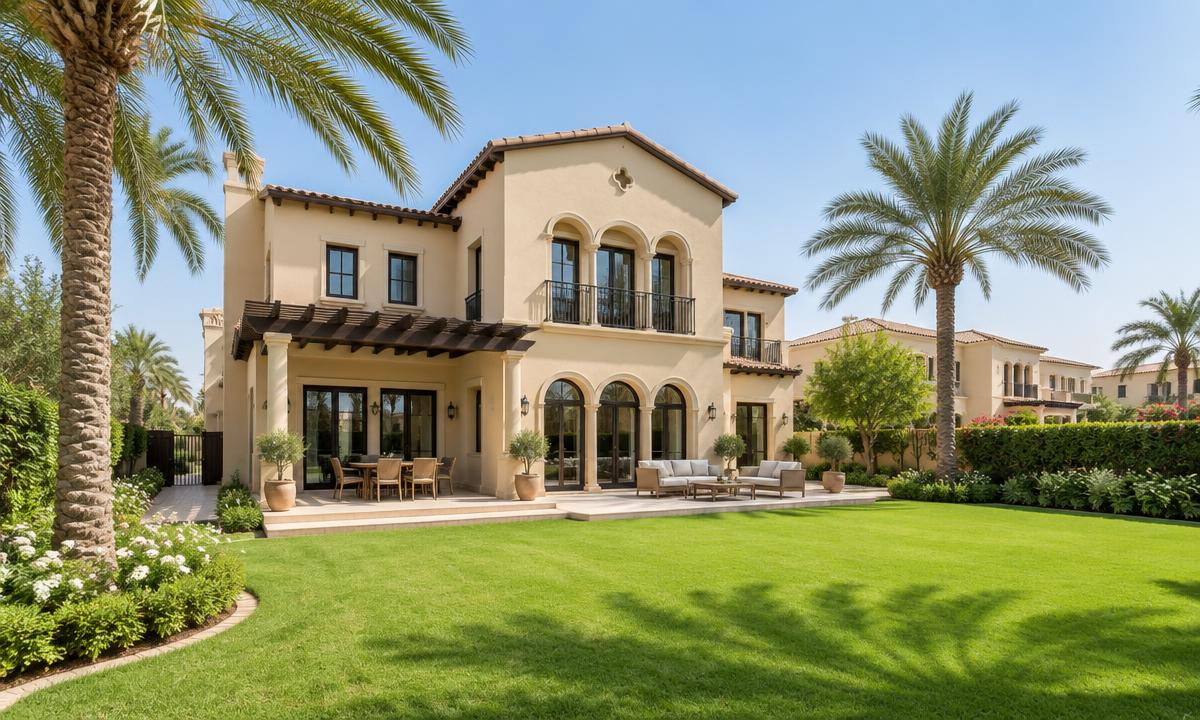 Illustrative view of a family villa with lawn and palm trees in Arabian Ranches, Dubai